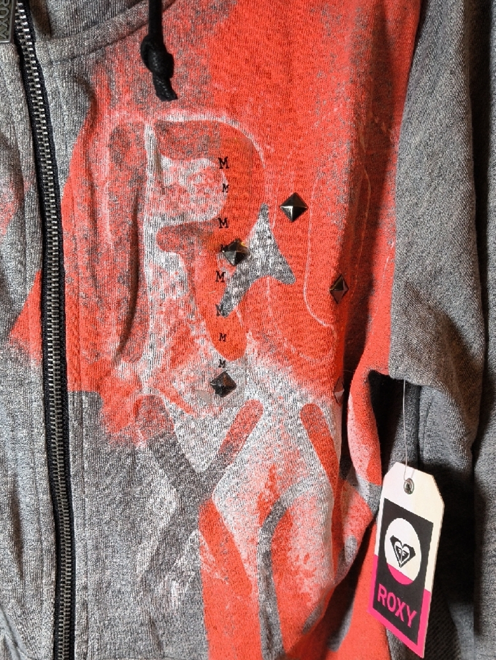 Roxy Gray Zip Hoodie with Coral Graphic and Coral-Lined Hood - Picture 4 of 5